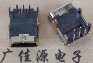 Mini USB母座5P|B型四脚插板|端子90度DIP式铜壳|小型迷你长脚5PIN